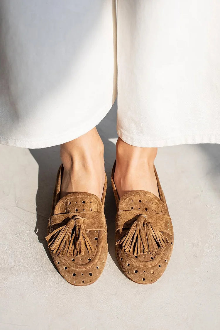 Chwosty Dekoracja Ażurowe Okrągły Nosek Brązowe Mokasyny [Przedsprzedaż]