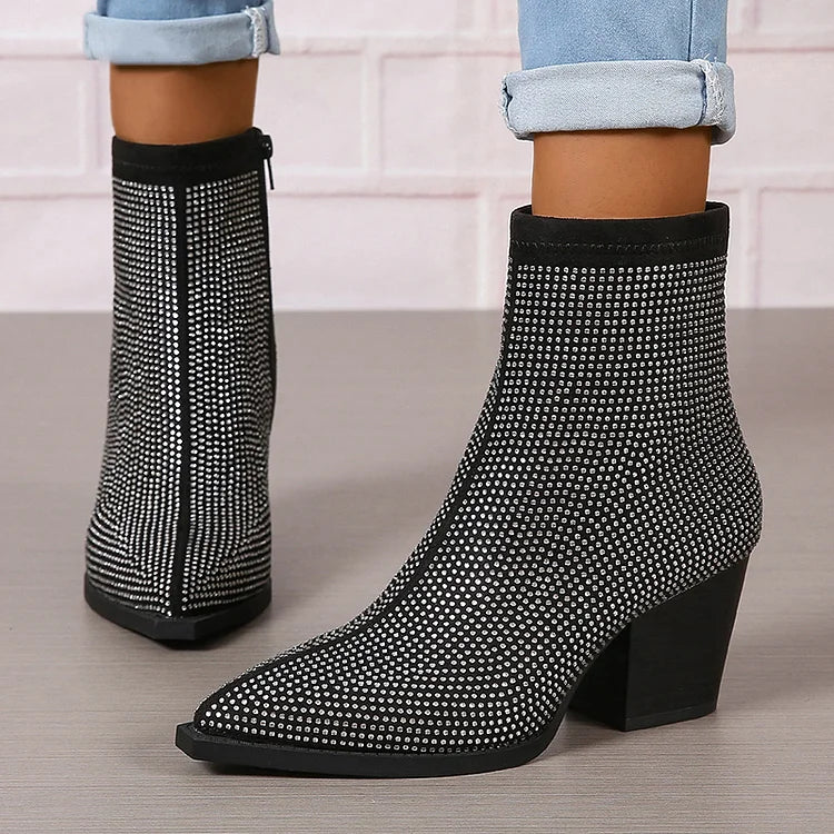 Rhinestone Pointed Toe Zipper Chunky Heel Ankle Boots