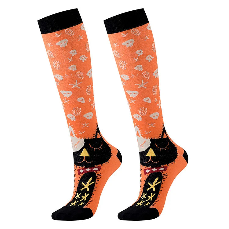 Calcetines por encima de la pantorrilla con estampado de calavera, calabaza y fantasma de Happy Halloween 