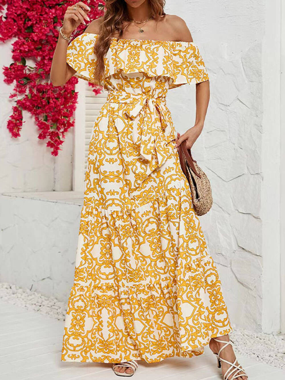 One-Shoulder Short-Sleeve Printed Ruffle Maxi Dress