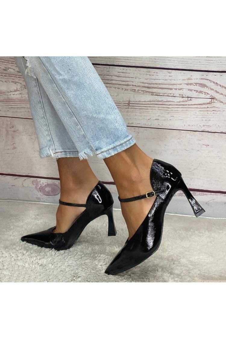 Scarpe con tacco a spillo nere in vernice con cinturino alla caviglia e punta affilata [Pre-ordine]