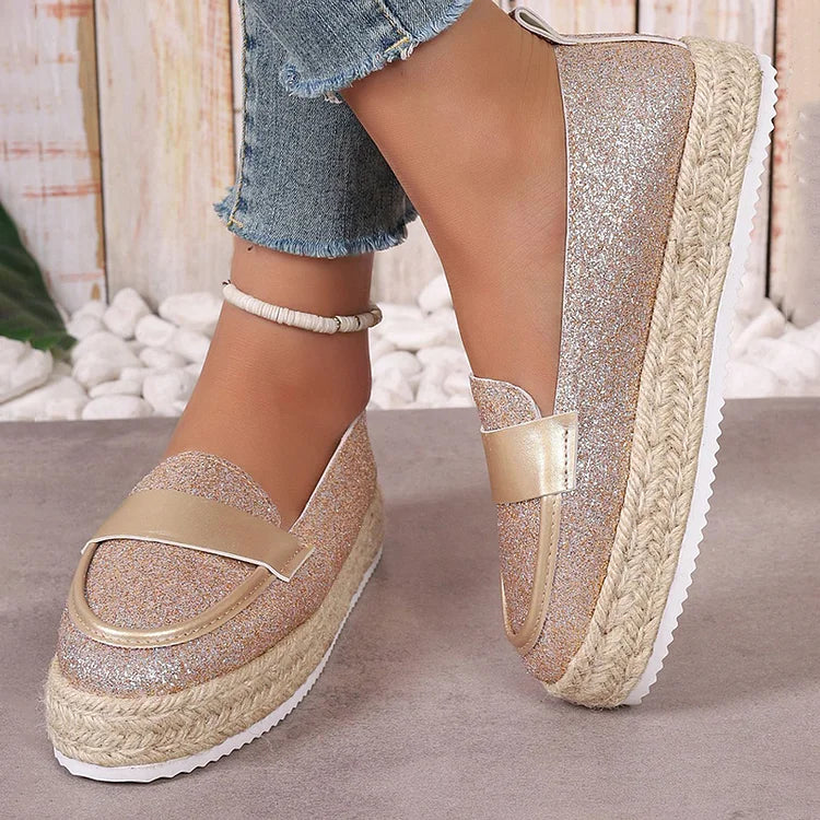 Shimmering Glitter Patchwork Slip On Platform Espadrille Loafers