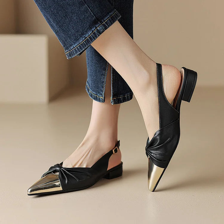 Bow Metallic Sheen Stitching Slingback Pointy Toe Flats