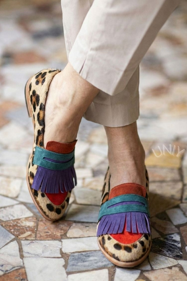 Retro Leopard Print Color Block Fringe Penny Loafers [Pre Order]