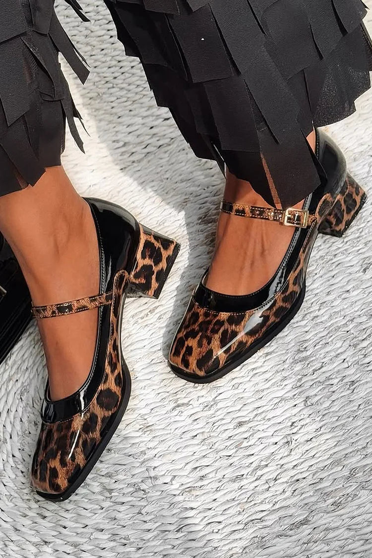 Scarpe con tacco grosso marroni a punta quadrata con stampa leopardata [Pre-ordine]