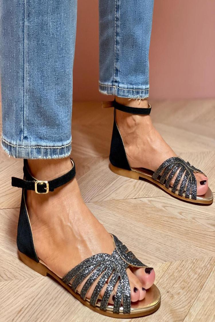 Ausgehöhlte Glitzer Peeptoe Knöchelriemen Schnalle Schwarze Sandalen