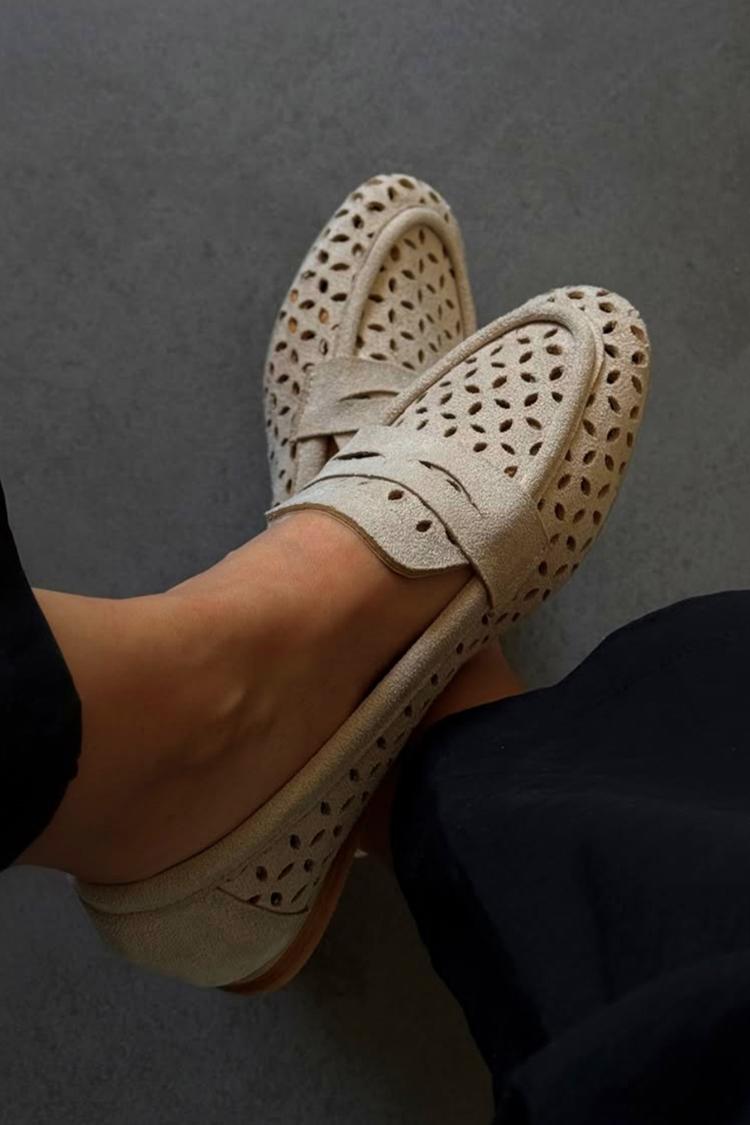 Ausgehöhlt Einfarbig Runde Spitze Freizeit Beige Loafers [Vorbestellung]