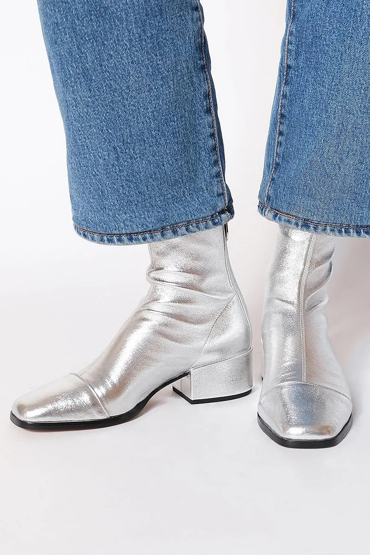 Metallic Sheen Square Toe Low Block Heel Silver Ankle Boots