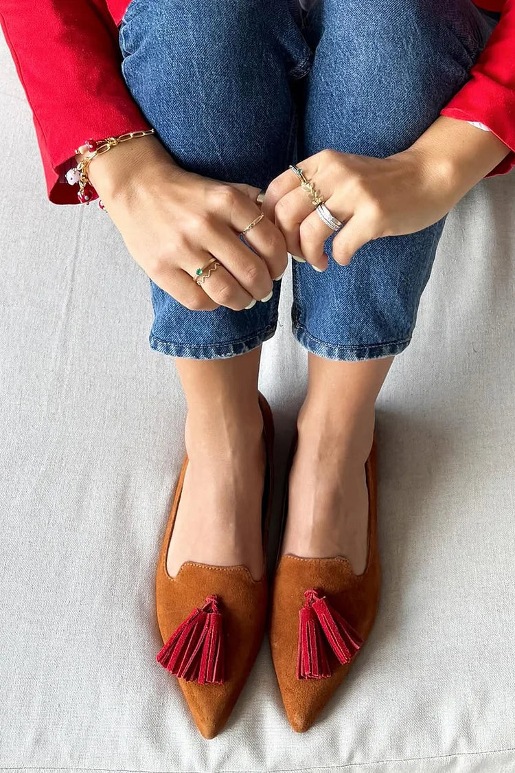 Flache Schuhe mit Farbblock-Quastendekor und spitzer Zehenpartie in Braun [Pre Order]
