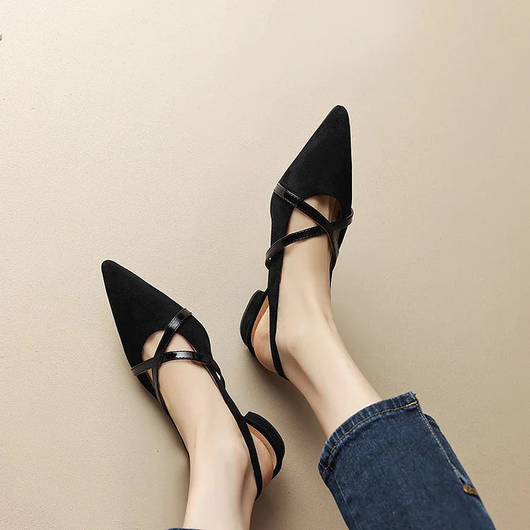 Faux Suede Pointy Toe Cross Strap Slingback Casual Flats