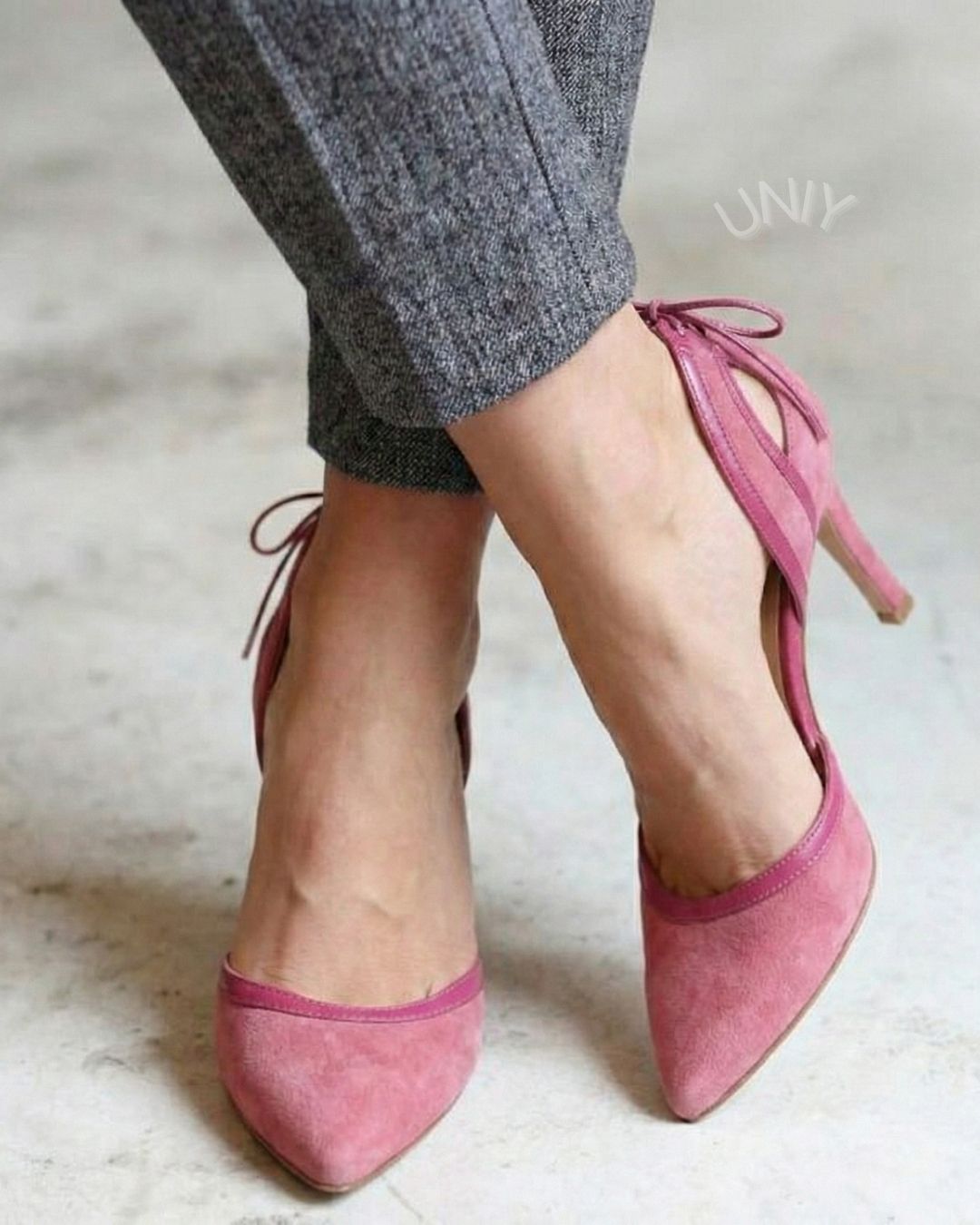 Eleganti décolleté in pelle scamosciata rosa con punta a punta e fiocco sul retro [Pre-ordine]