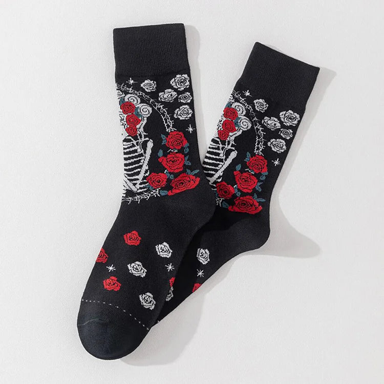 Calcetines de media pantorrilla con estampado floral de rosas y esqueleto de pelo largo para Halloween 