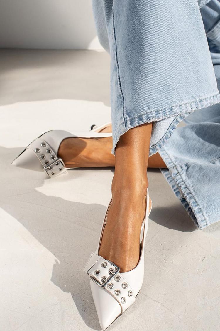 Pointed Toe Strap Buckle Decor Slingback White Kitten Heels [Pre Order]
