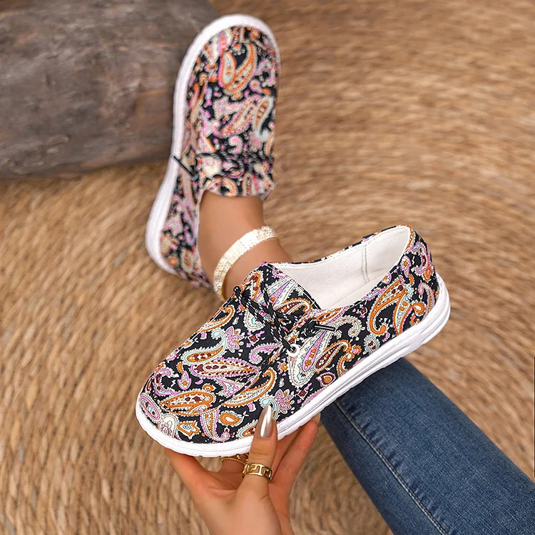 Canvas Paisley Print Round Toe Lace Up Flat Sneakers