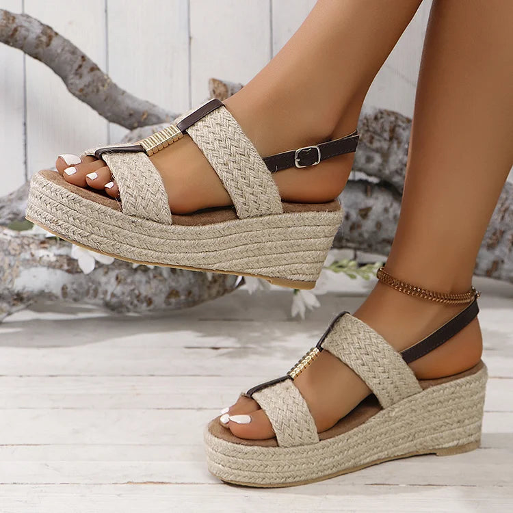 Woven Espadrille Metal Decor Slingback Strap Platform Wedge Sandals