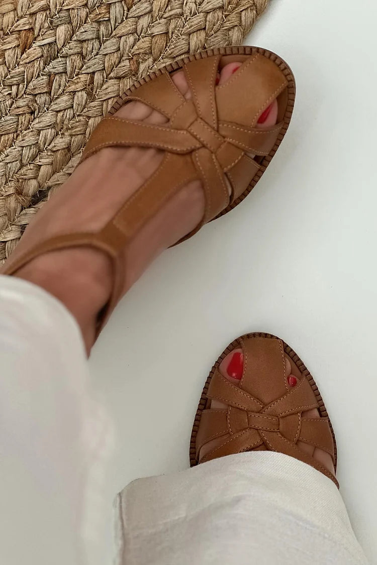 Hollow Out Woven T-Strap Buckle Brown Chunky Heels [Pre Order]