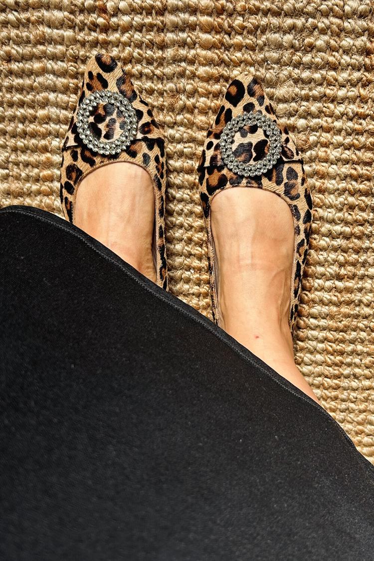 Scarpe basse con punta affilata, fibbia in strass e stampa leopardata [Pre-ordine]