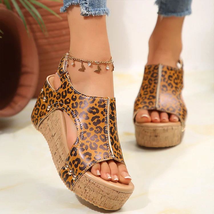Leopard Print Cut Out Open Toe Metallic Studded Wedge Sandals