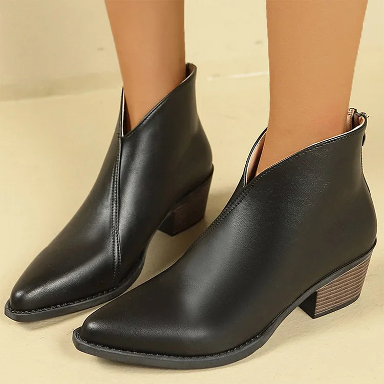 Solid Color Patchwork Zipper Pointed Toe Chunky Heel Ankle Boots