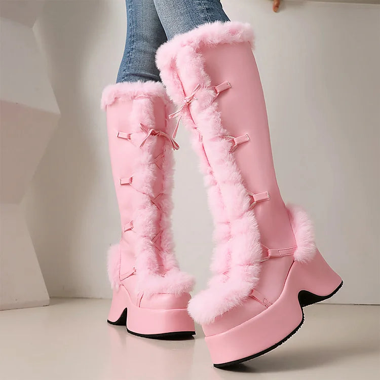 Fluffy Trim Lace Up Round Toe Chunky Heel Platform Snow Boots