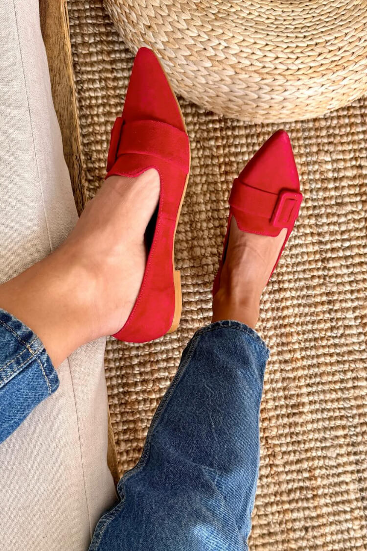 Pointy Toe Buckled Suede Flats