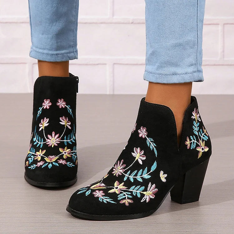 Floral Leaf Embroidery Round Toe Zipper Chunky Heel Ankle Boots