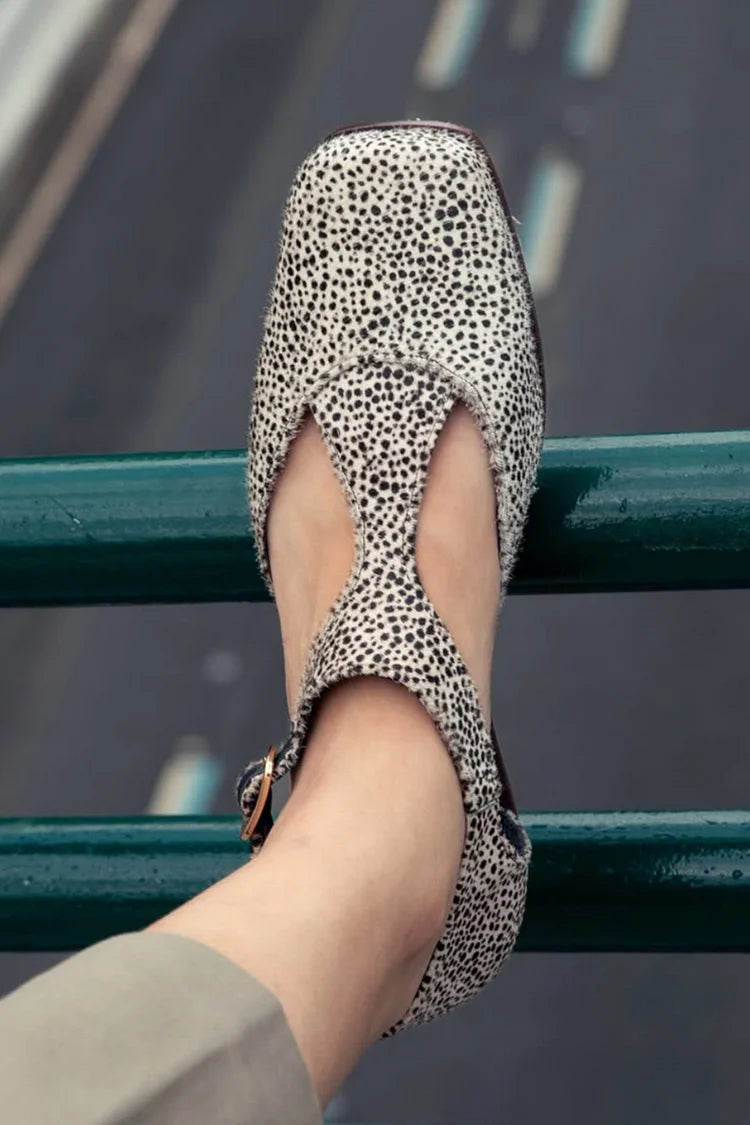 Mocassini beige con punta quadrata e patchwork con stampa animalier [Pre-ordine] 