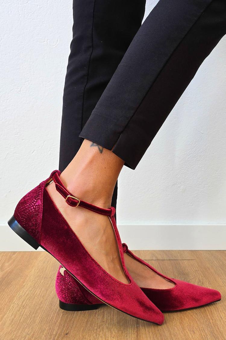 Patchwork T-Shaped Ankle Strap Pointy Toe Buckle Burgundy Flats [Pre Order]
