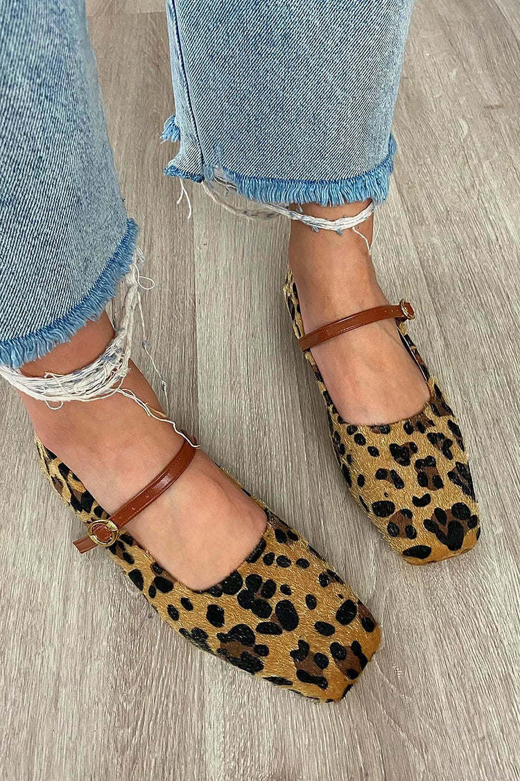 Square Toe Instep Strap Buckle Leopard Print Brown Flats