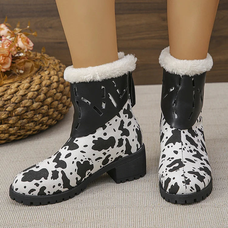 Fuzzy Cow Print Hollow Out Patchwork Round Toe Schneestiefel