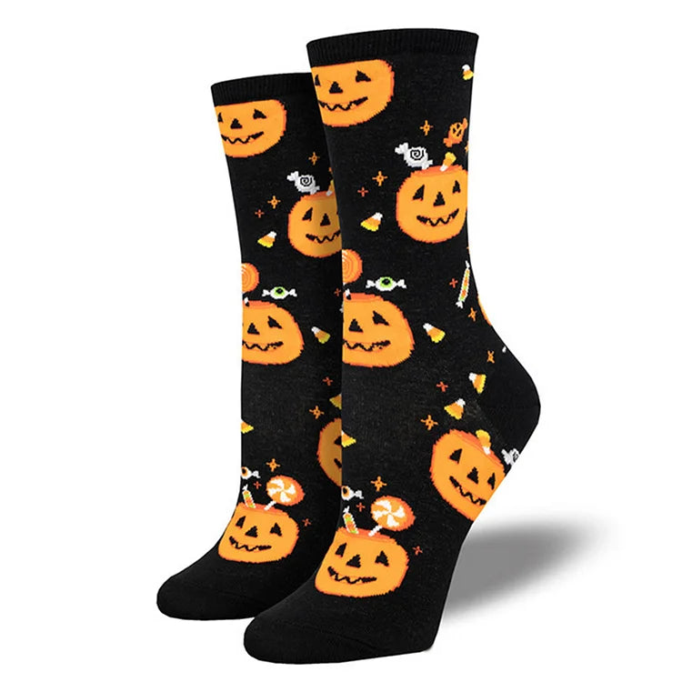 Calcetines de media pantorrilla con estampado de esqueleto, búho, calabaza, hoja de arce y bruja para Halloween 