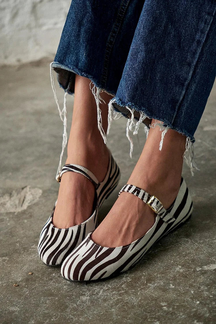 Zebra Print Instep Strap Buckle Round Toe White Flats [Pre Order]