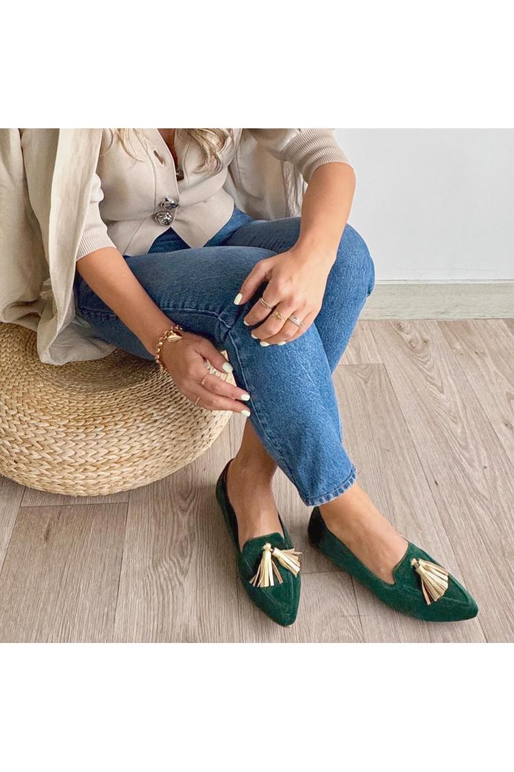 Quasten Dekor Farbblock Spitz Zeh Dunkelgrüne Ballerinas [Vorbestellung]