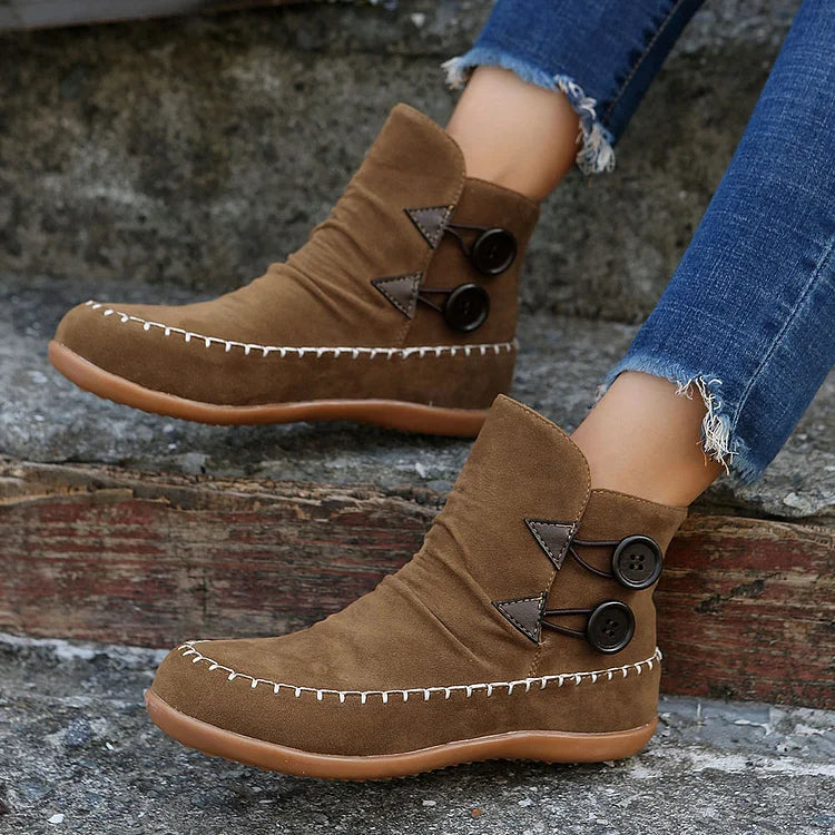 Stitch Detail Round Toe Buttons Casual Flat Ankle Boots