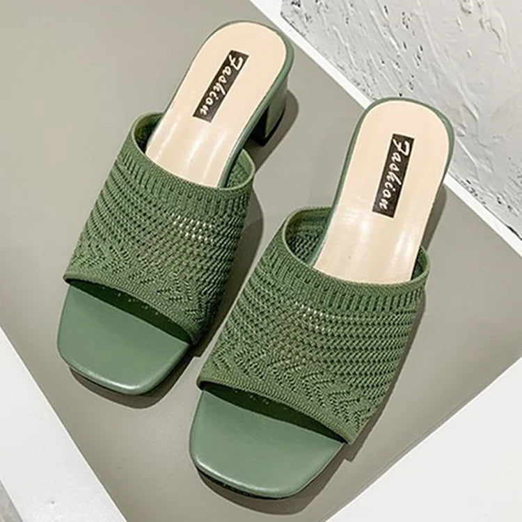 Casual Solid Color Square Toe Knit Slides Chunky Heels