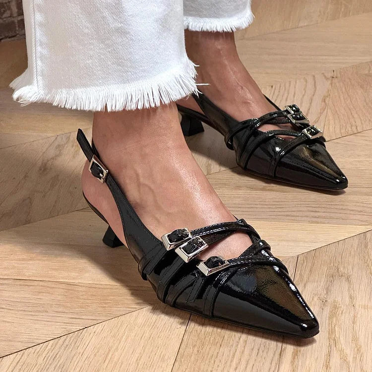 Scarpe con tacco a gattino nere, con cinturino multiplo, fibbie e punta affilata [Pre-ordine]