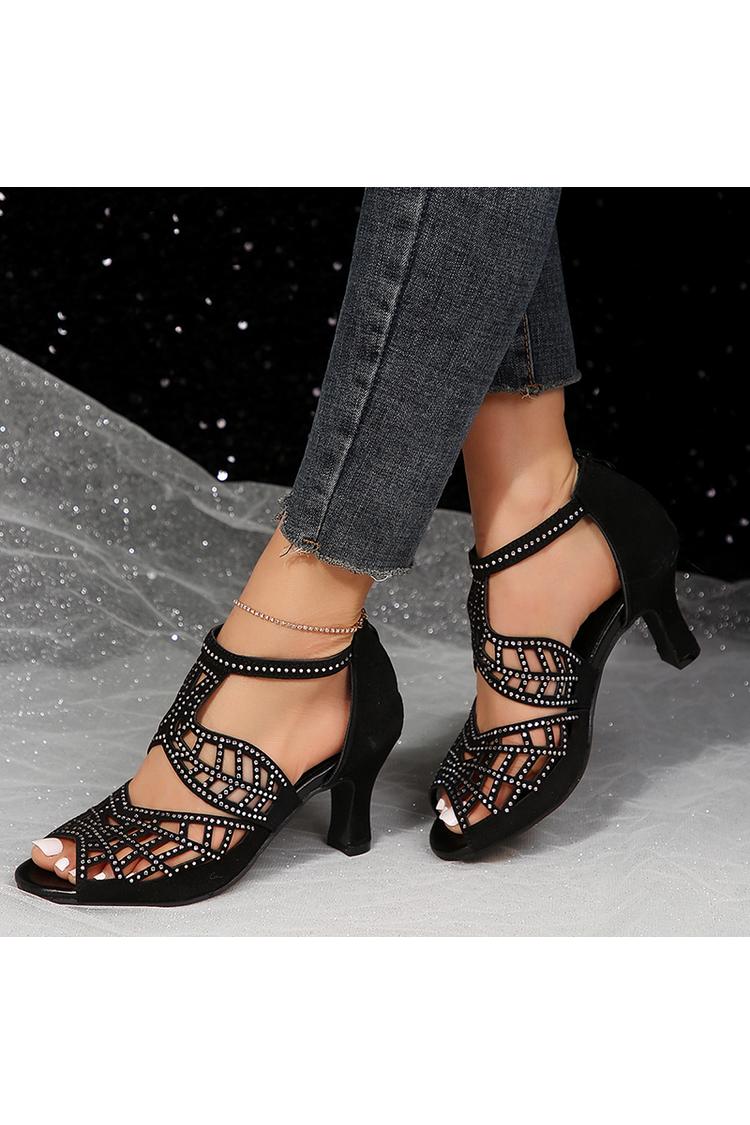 Scarpe con tacco grosso, punta aperta, cinturino alla caviglia con strass 