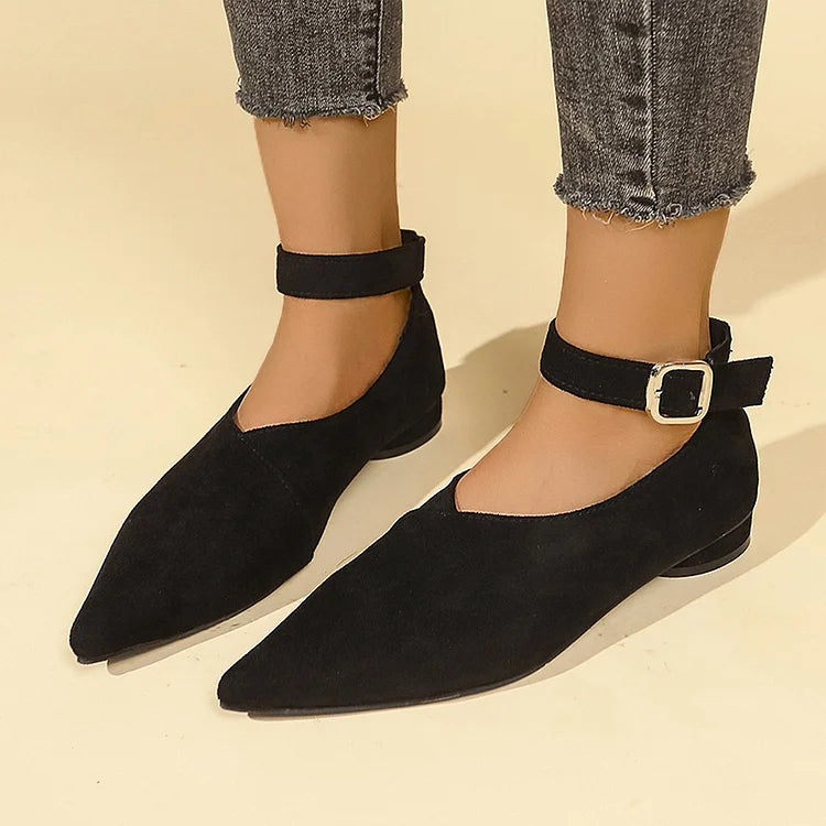 Solid Color Patchwork Pointed Toe Ankle Strap Buckle Flats