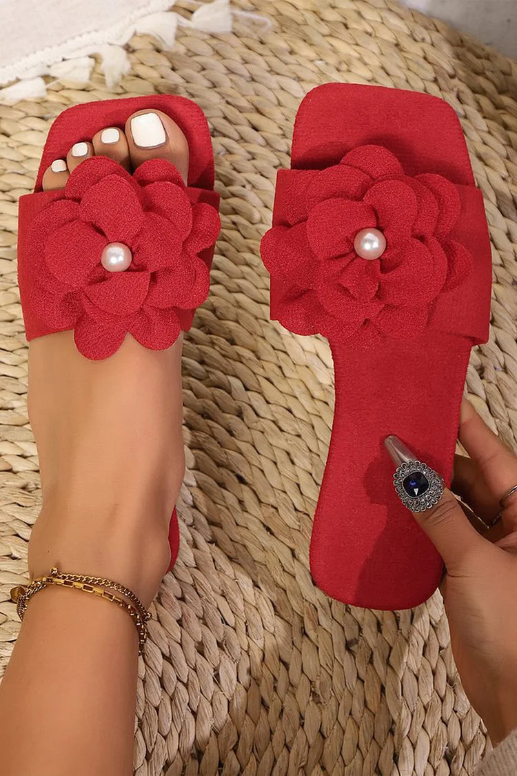 Pearl 3D Blumen Dekor Einfarbige Quadratische Zehen Strandpantoffeln