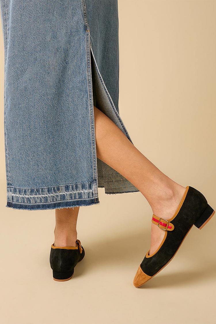 Instep Strap Buckle Colorblock Square Toe Black Low Heels [Pre Order]