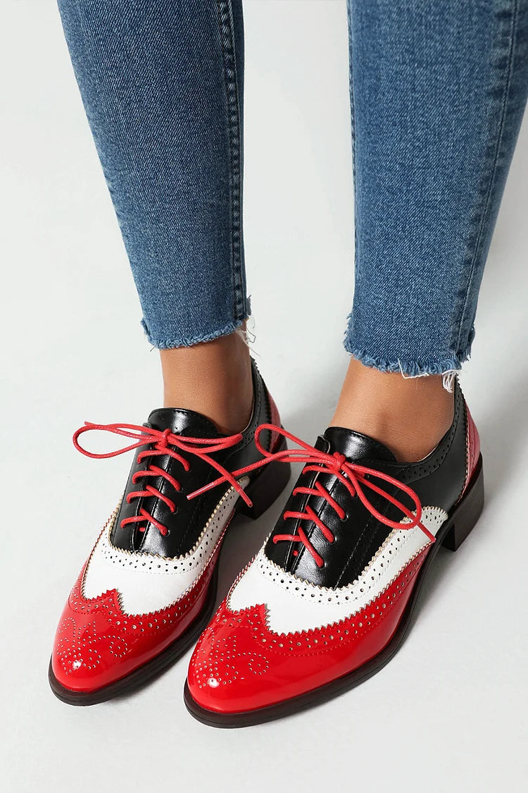Colorblock Round Toe Low Block Heel Lace Up Brogue Oxfords