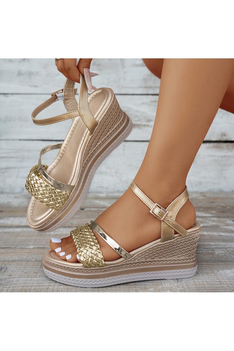 Sandali casual con zeppa, punta rotonda, cinturino intrecciato e finitura metallizzata