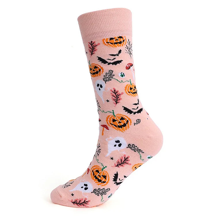 Calcetines de media pantorrilla con estampado de dibujos animados de araña, calavera y calabaza de fantasmas para Halloween 