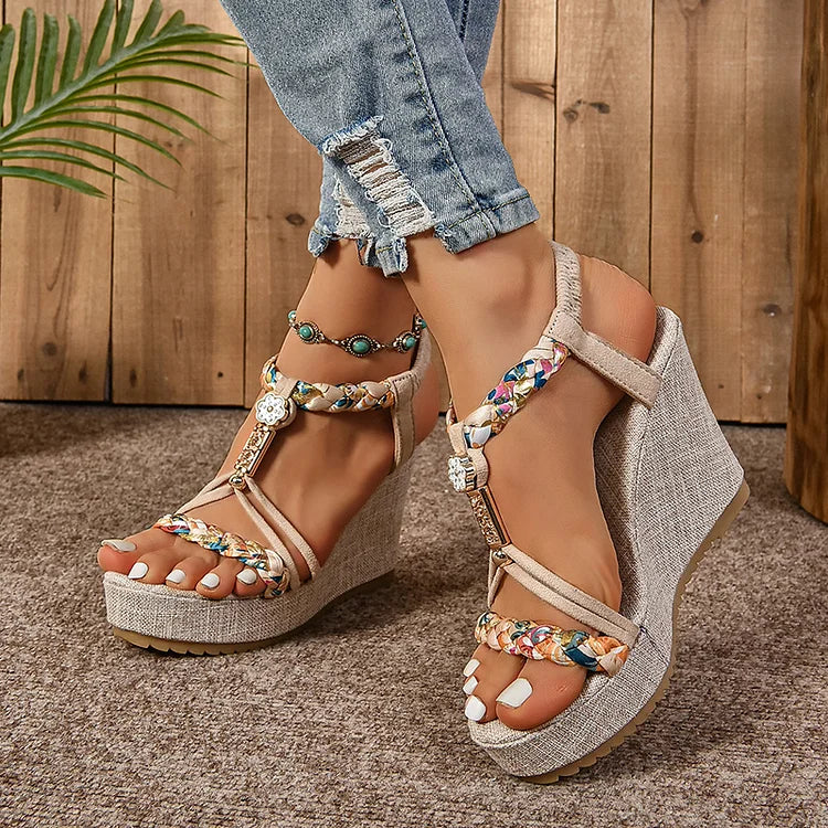 Sandalias de cuña con plataforma y banda elástica con correa tejida y estampado floral de diamantes de imitación 