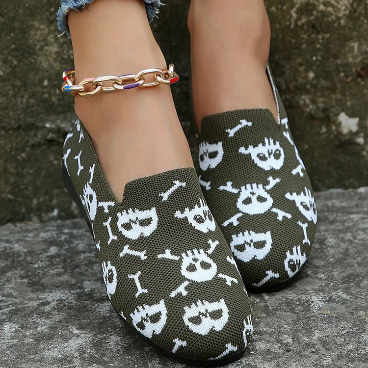 Halloween Skull Pattern Print Round Toe Slip On Loafers