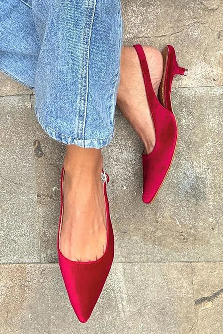 Slingback Strap Buckle Pointy Toe Red Kitten Heels [Pre Order]