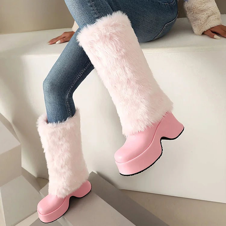 Faux Fur Trim Round Toe Chunky Heel Platform Long Boots