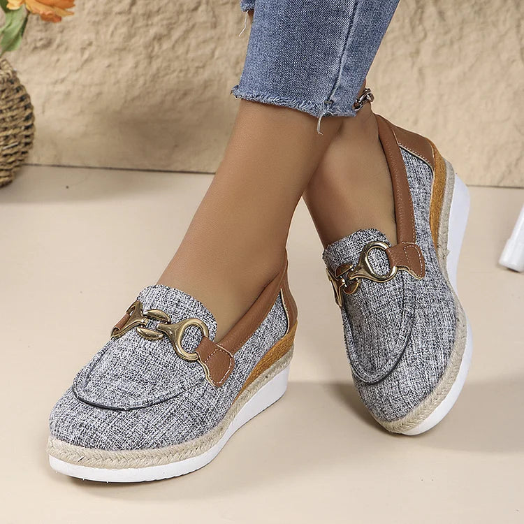 Metal Buckle Decor Patchwork Round Toe Wedge Heel Loafers