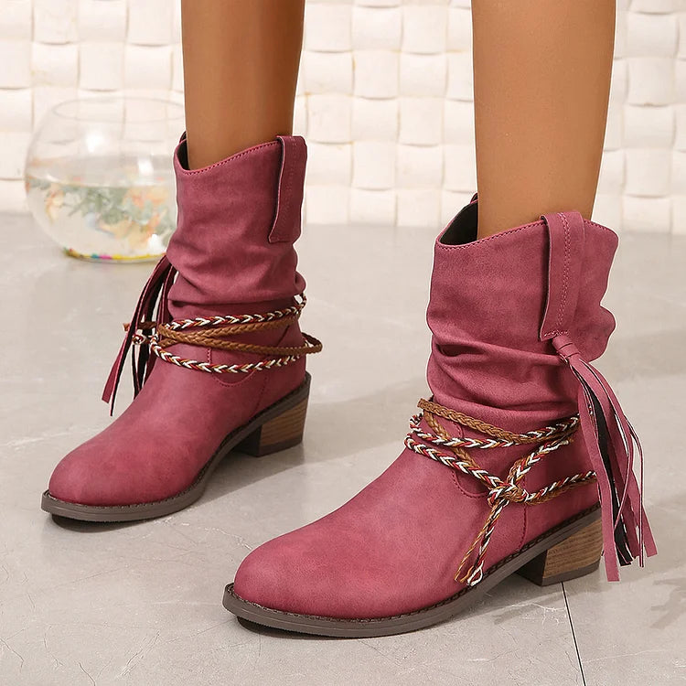 Braided Rope Tassel Decor Slouch Pointed Toe Chunky Heel Ankle Boots