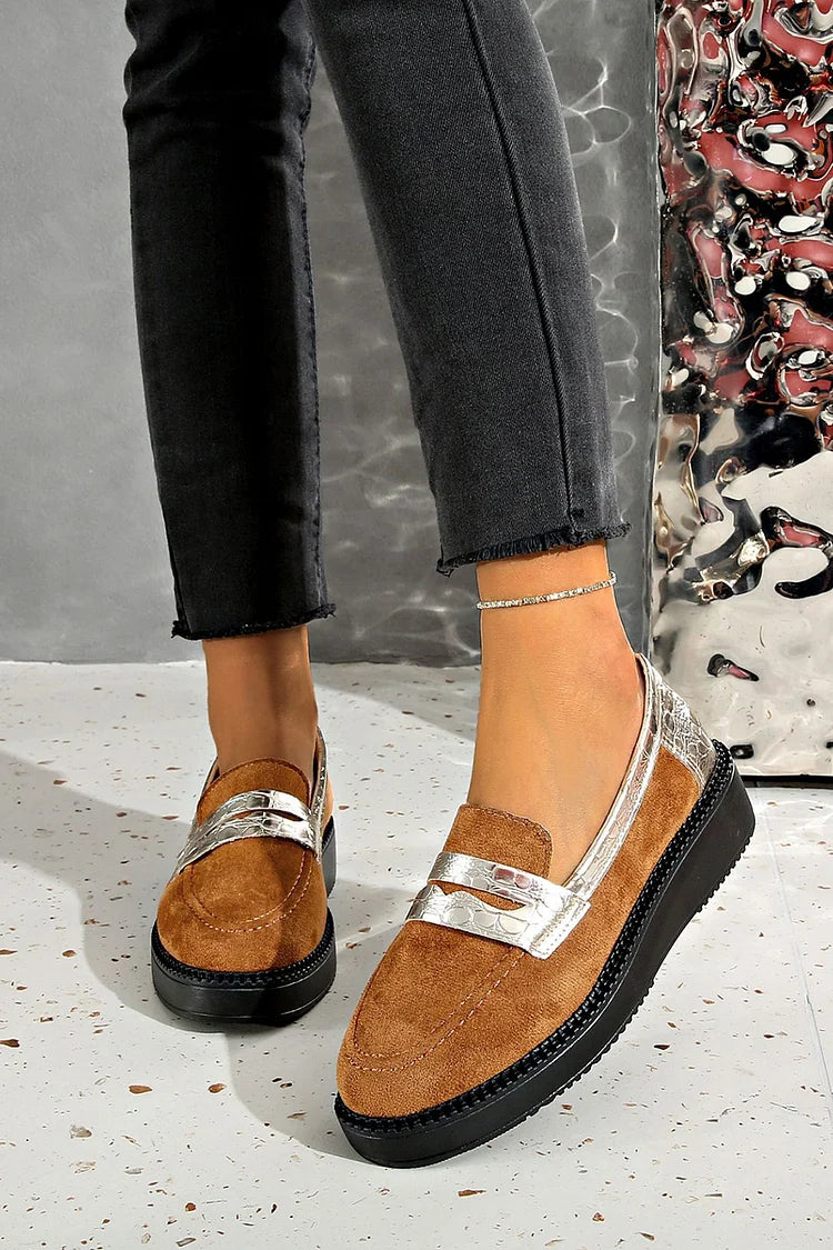 Metallic Sheen Patchwork Round Toe Casual Slip On Loafers